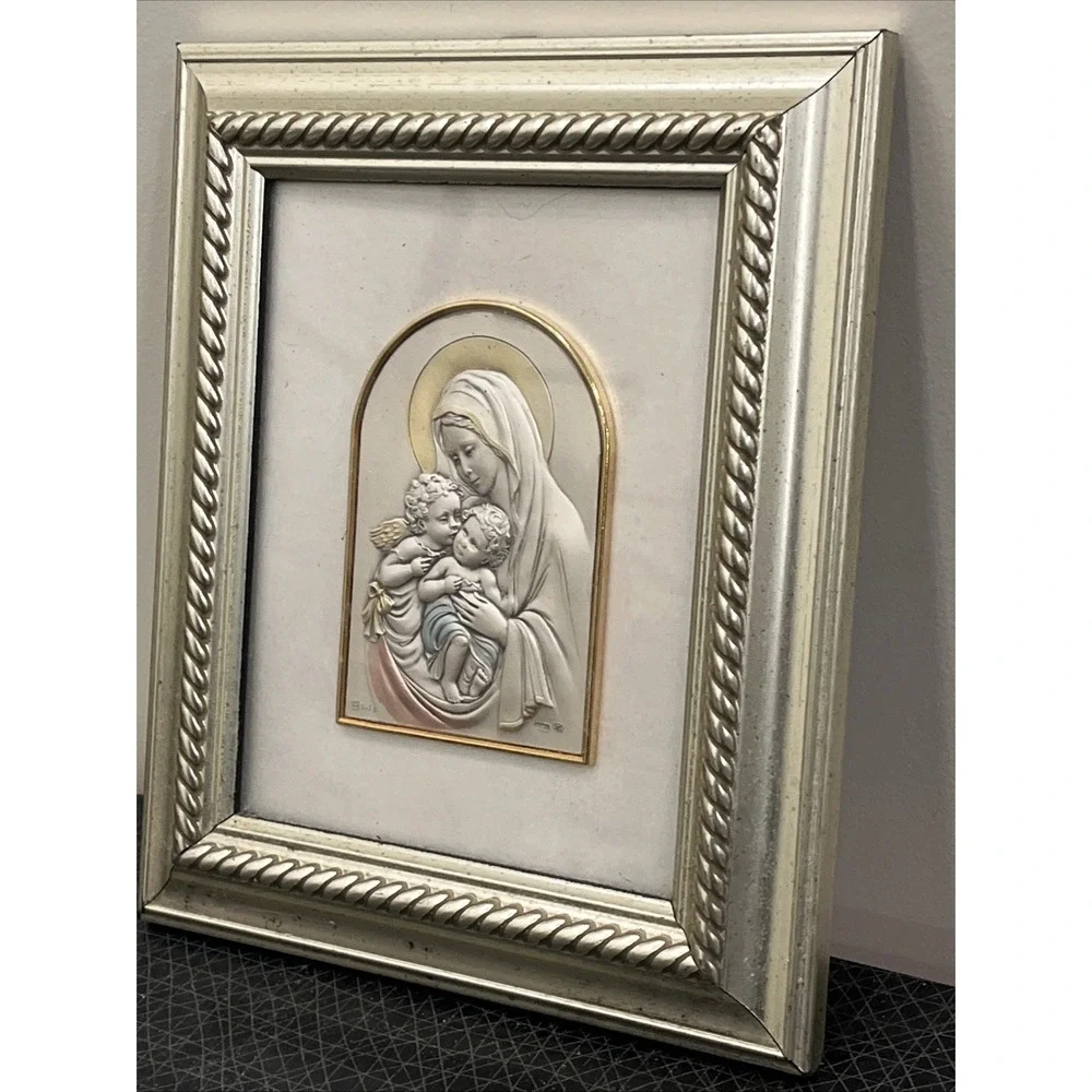 Italian Madonna & Child Icon .925 Sterling Silver Art w/ Painted Gold Frame‎ EUC